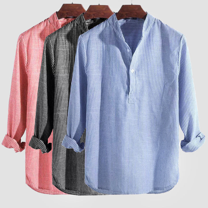 "Men's striped cotton linen Henley shirt, long sleeve, band collar, front view showing stripes and relaxed fit."