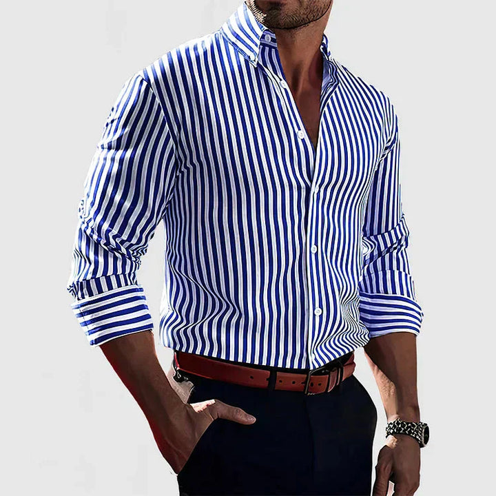 Men's striped long-sleeve shirt with a classic fit, featuring blue and white stripes, perfect for both casual and formal occa