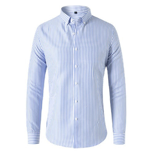 Men's striped long-sleeve shirt with a classic fit, featuring blue and white stripes, perfect for both casual and formal occa