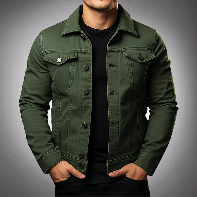 Men's structured denim jacket with button front, collared design, and chest pockets in durable fabric for classic casual styl