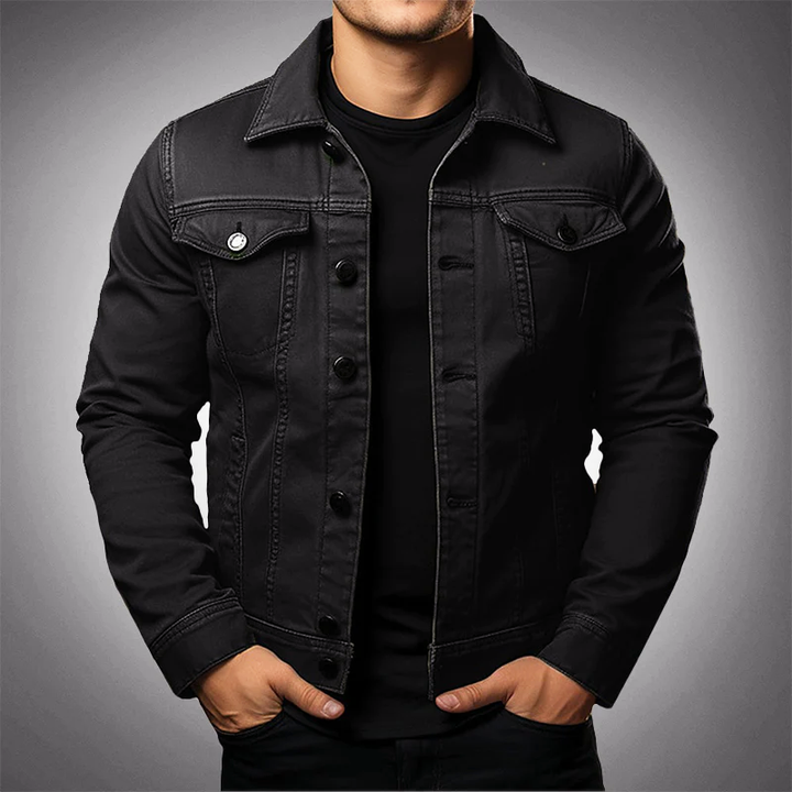 Men's structured denim jacket with button front, collared design, and chest pockets in durable fabric for classic casual styl