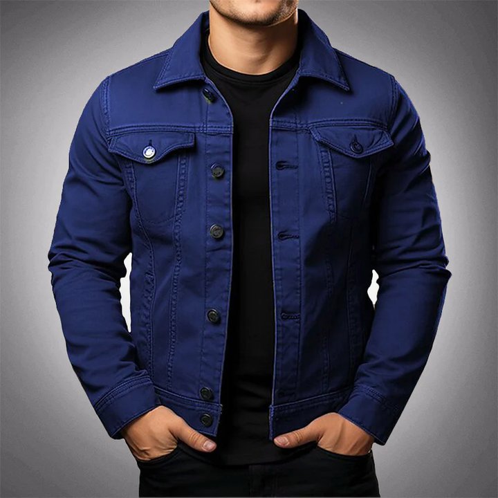 Men's structured denim jacket with button front, collared design, and chest pockets in durable fabric for classic casual styl