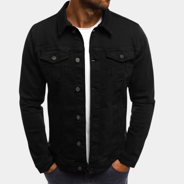 "Men's stylish denim jacket, classic cut, clean lines, versatile for smart-casual wear, perfect for spring to autumn seasons.