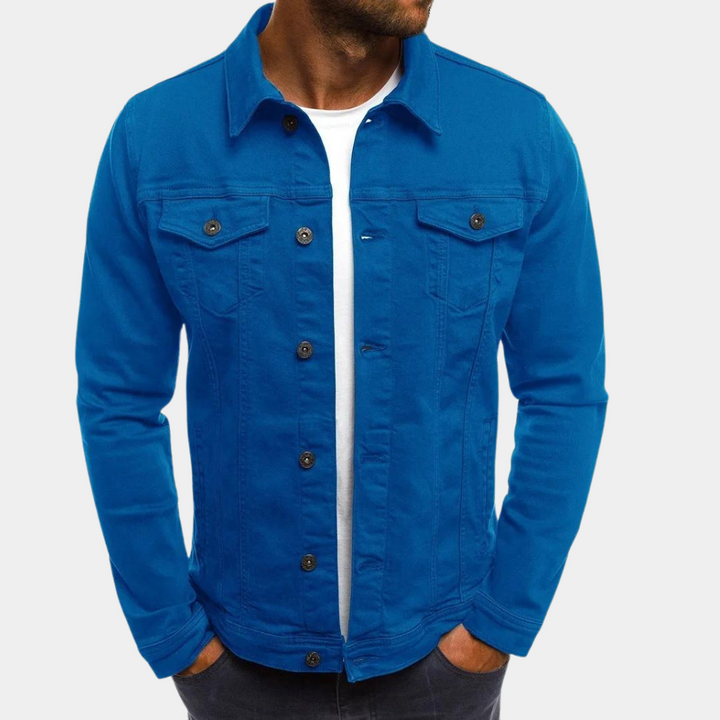 "Men's stylish denim jacket, classic cut, clean lines, versatile for smart-casual wear, perfect for spring to autumn seasons.