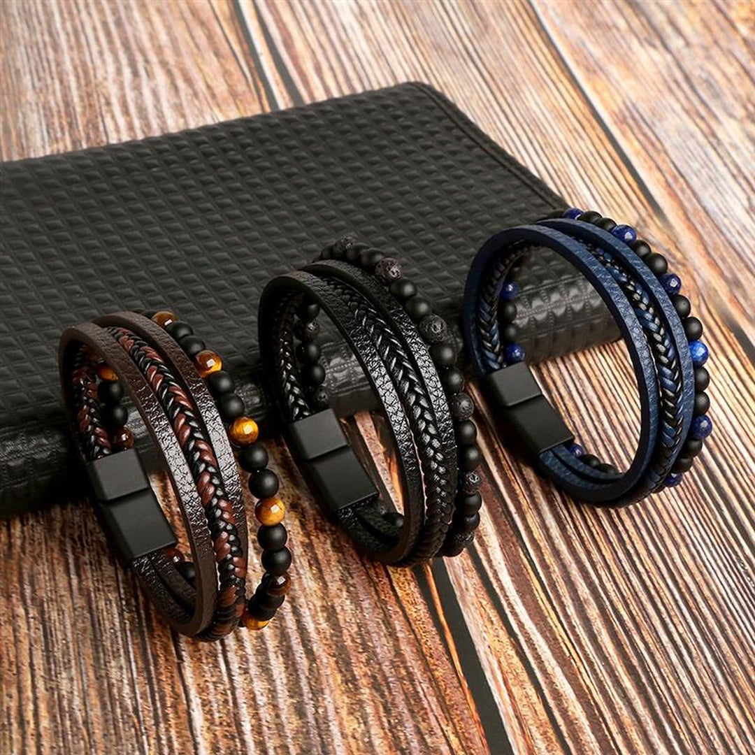 Men's stylish leather bracelet set with modern and rugged look, featuring multiple high-quality leather straps for versatile