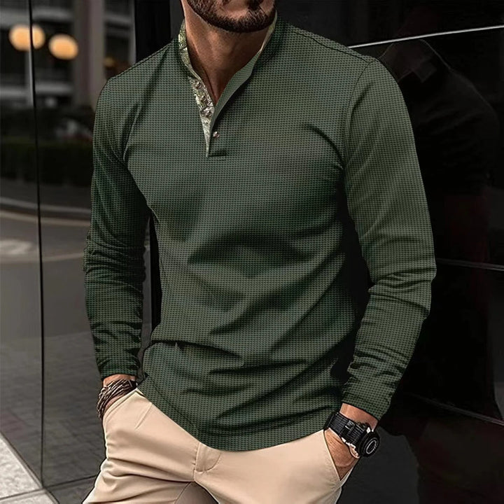 "Men's stylish long-sleeve polo shirt in army green, featuring a sleek design, perfect for various occasions."