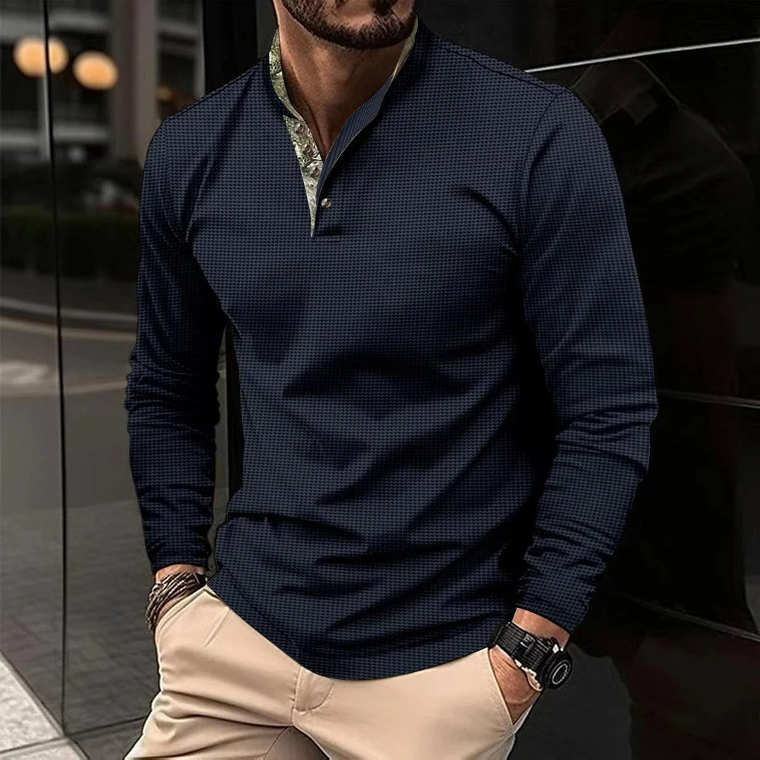 "Men's stylish long-sleeve polo shirt in army green, featuring a sleek design, perfect for various occasions."
