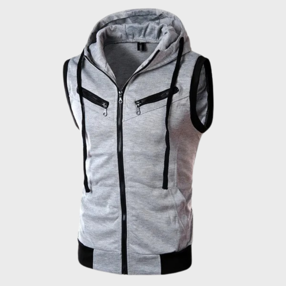 "Men's stylish sleeveless hooded vest, modern fit, dark gray, sporty look, perfect for layering and versatile outfits."