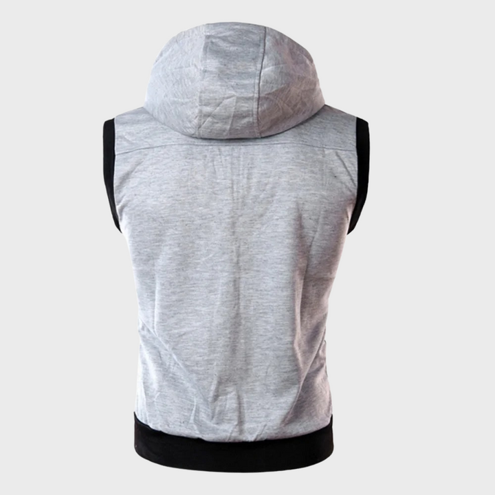 "Men's stylish sleeveless hooded vest, modern fit, dark gray, sporty look, perfect for layering and versatile outfits."