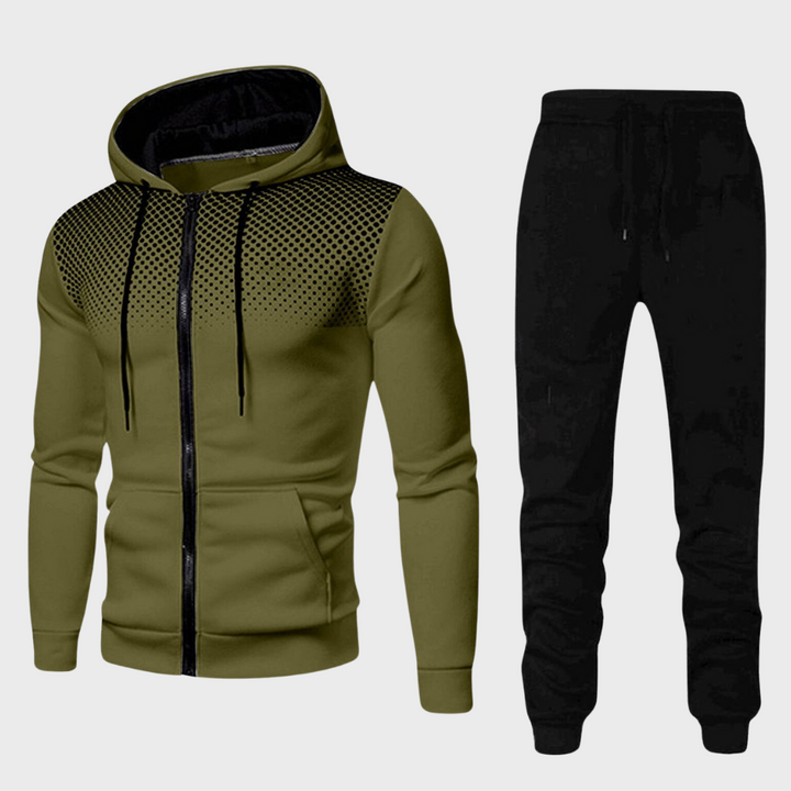Men's stylish tracksuit with zip-up hoodie and sleek tapered trousers, perfect for casual outings or lounging in comfort.