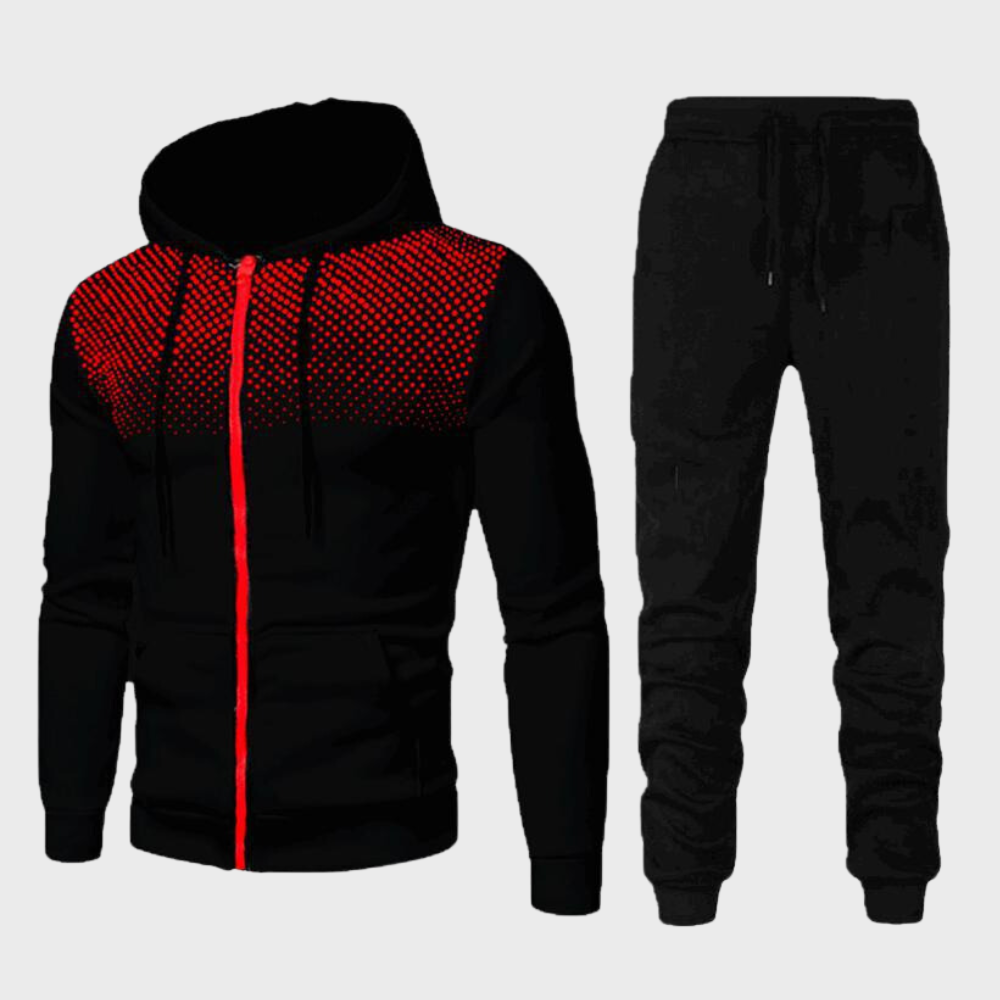 Men's stylish tracksuit with zip-up hoodie and sleek tapered trousers, perfect for casual outings or lounging in comfort.