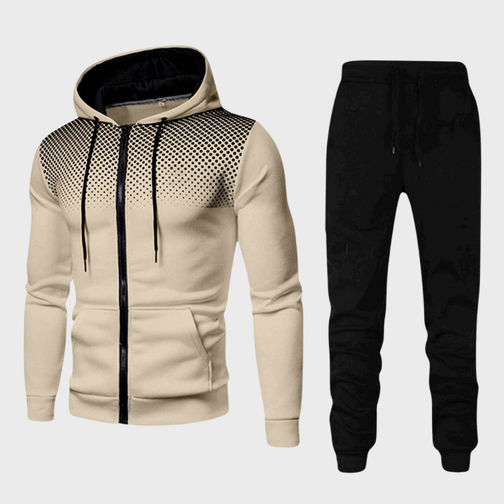 Men's stylish tracksuit with zip-up hoodie and sleek tapered trousers, perfect for casual outings or lounging in comfort.