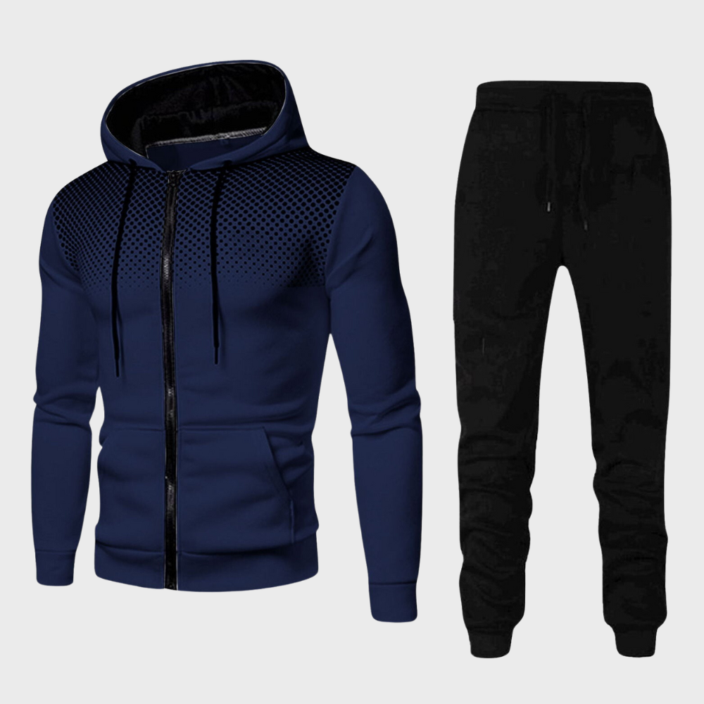 Men's stylish tracksuit with zip-up hoodie and sleek tapered trousers, perfect for casual outings or lounging in comfort.