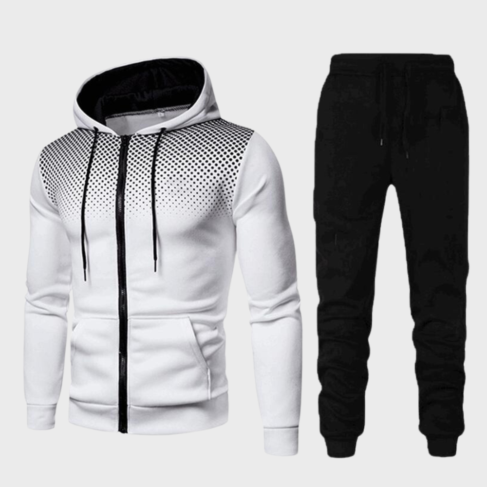 Men's stylish tracksuit with zip-up hoodie and sleek tapered trousers, perfect for casual outings or lounging in comfort.