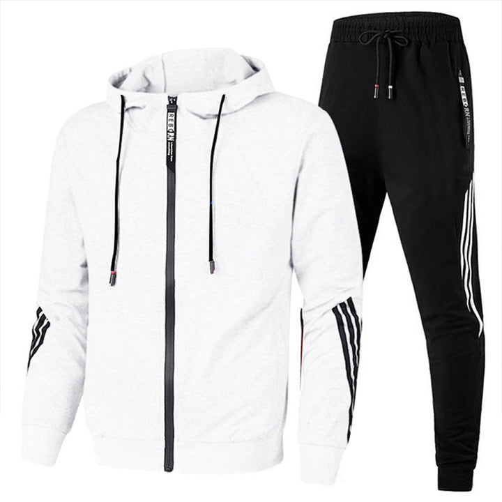 "Men's stylish two-piece tracksuit in black, side view, relaxed fit, versatile design, ideal for casual or active wear."