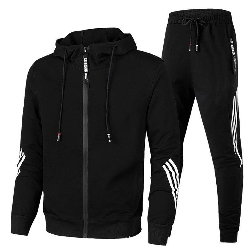 "Men's stylish two-piece tracksuit in black, side view, relaxed fit, versatile design, ideal for casual or active wear."