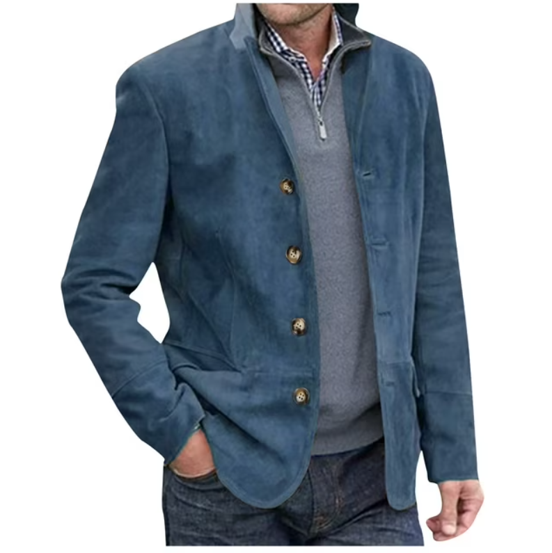"Men's suede blazer jacket in blue and brown, elegant with button-front, perfect for casual and formal wear."