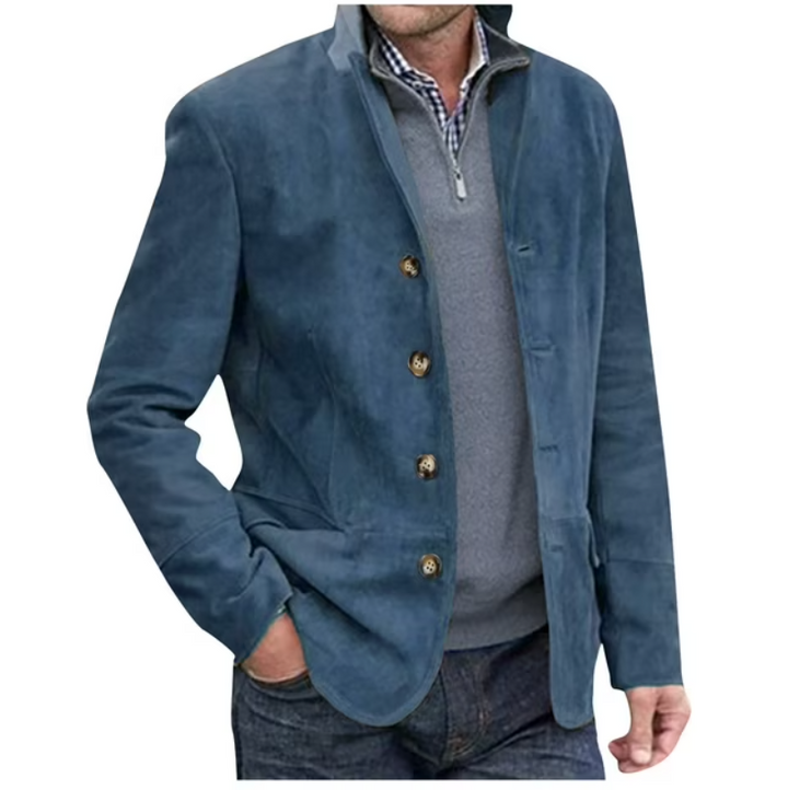"Men's suede blazer jacket in blue and brown, elegant with button-front, perfect for casual and formal wear."
