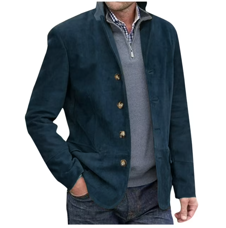 "Men's suede blazer jacket in blue and brown, elegant with button-front, perfect for casual and formal wear."