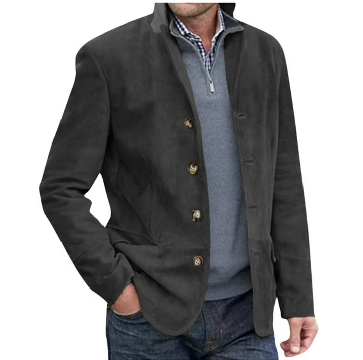 "Men's suede blazer jacket in blue and brown, elegant with button-front, perfect for casual and formal wear."