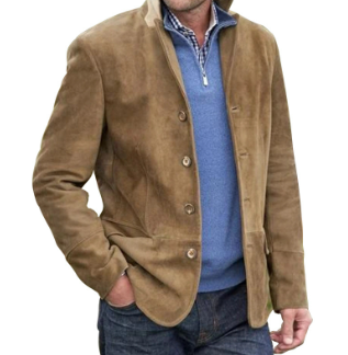 "Men's suede blazer jacket in blue and brown, elegant with button-front, perfect for casual and formal wear."