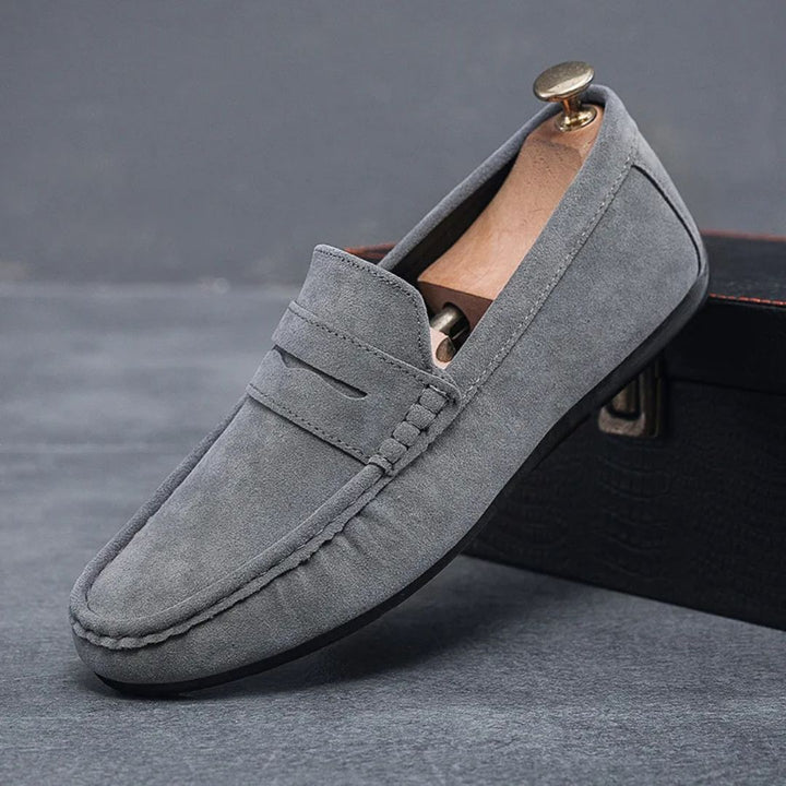 Men's suede driving loafers, slip-on with premium upper and durable rubber sole, side view for casual or semi-formal use.
