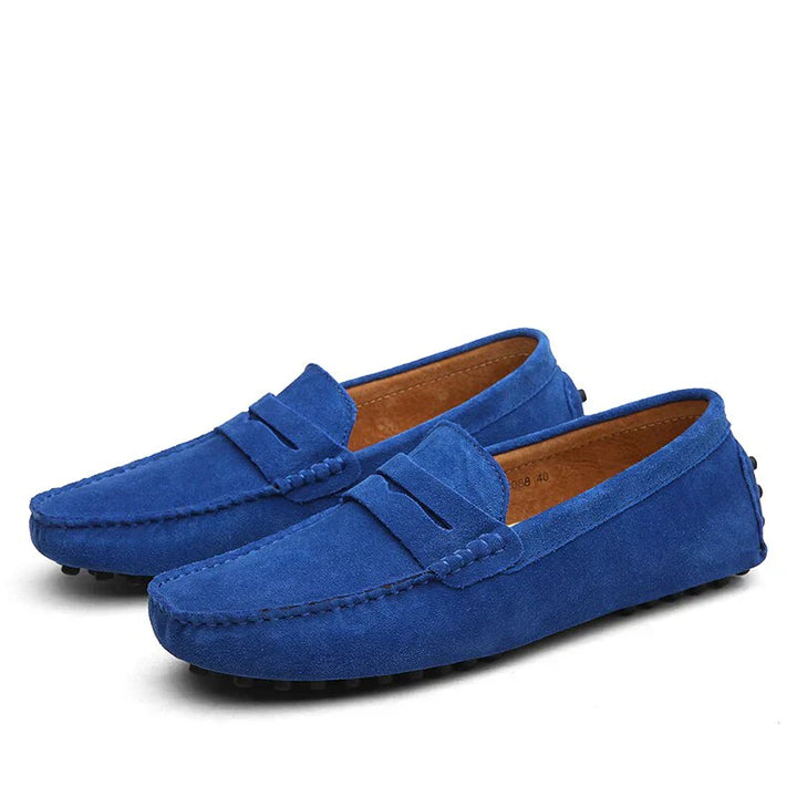 "Men's suede driving loafers with flexible sole, showcasing elegant design and non-slip rubber grip."