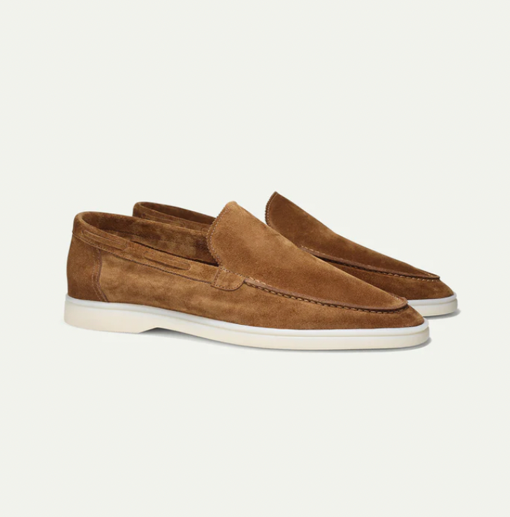 "Men's suede loafers in dark brown, elegant and comfortable, perfect for casual or formal wear, crafted from luxury suede."