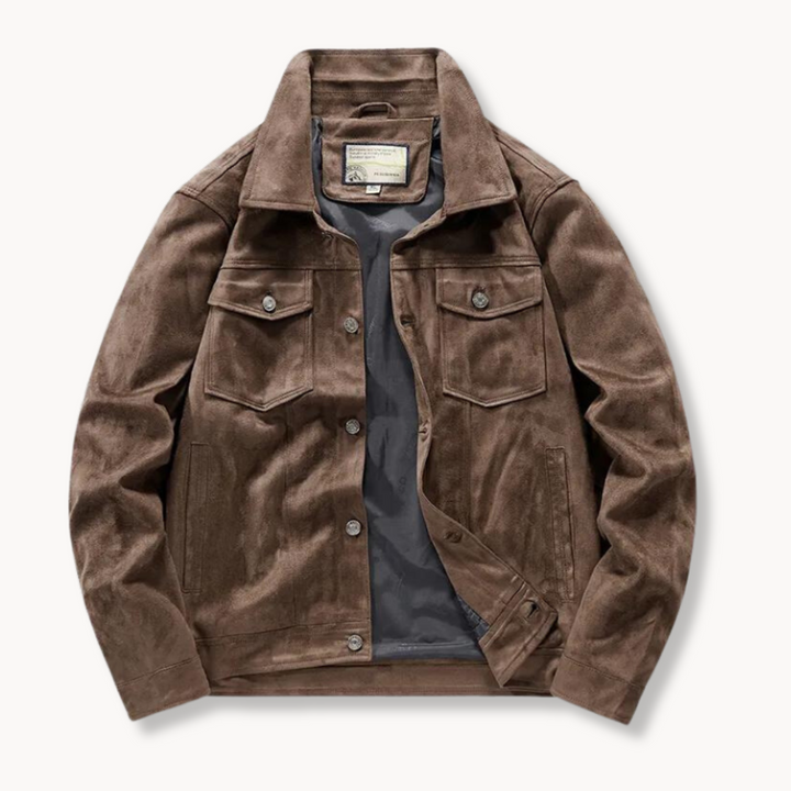 Men's suede trucker jacket with stand collar, showing rich texture and sleek design, ideal for sophisticated style.