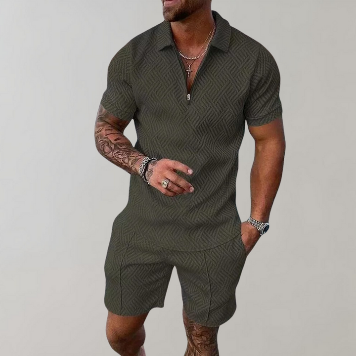 "Men's summer polo and shorts set, casual style, features a sleek zip polo with matching shorts, perfect for warm days."