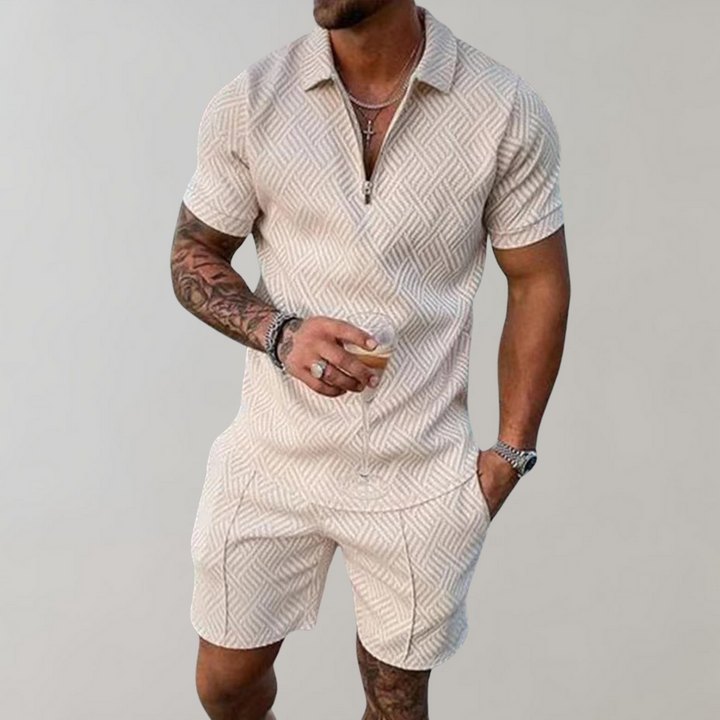 "Men's summer polo and shorts set, casual style, features a sleek zip polo with matching shorts, perfect for warm days."