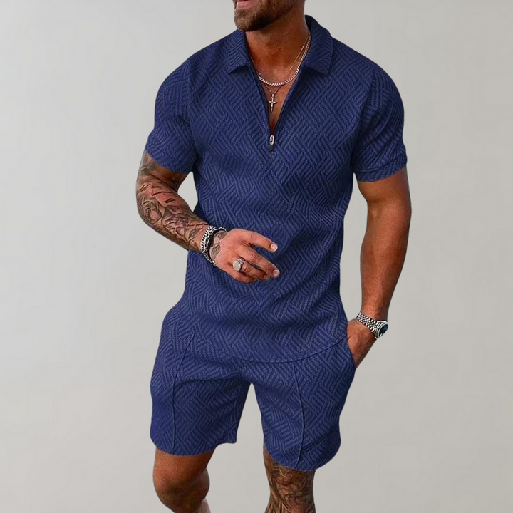 "Men's summer polo and shorts set, casual style, features a sleek zip polo with matching shorts, perfect for warm days."
