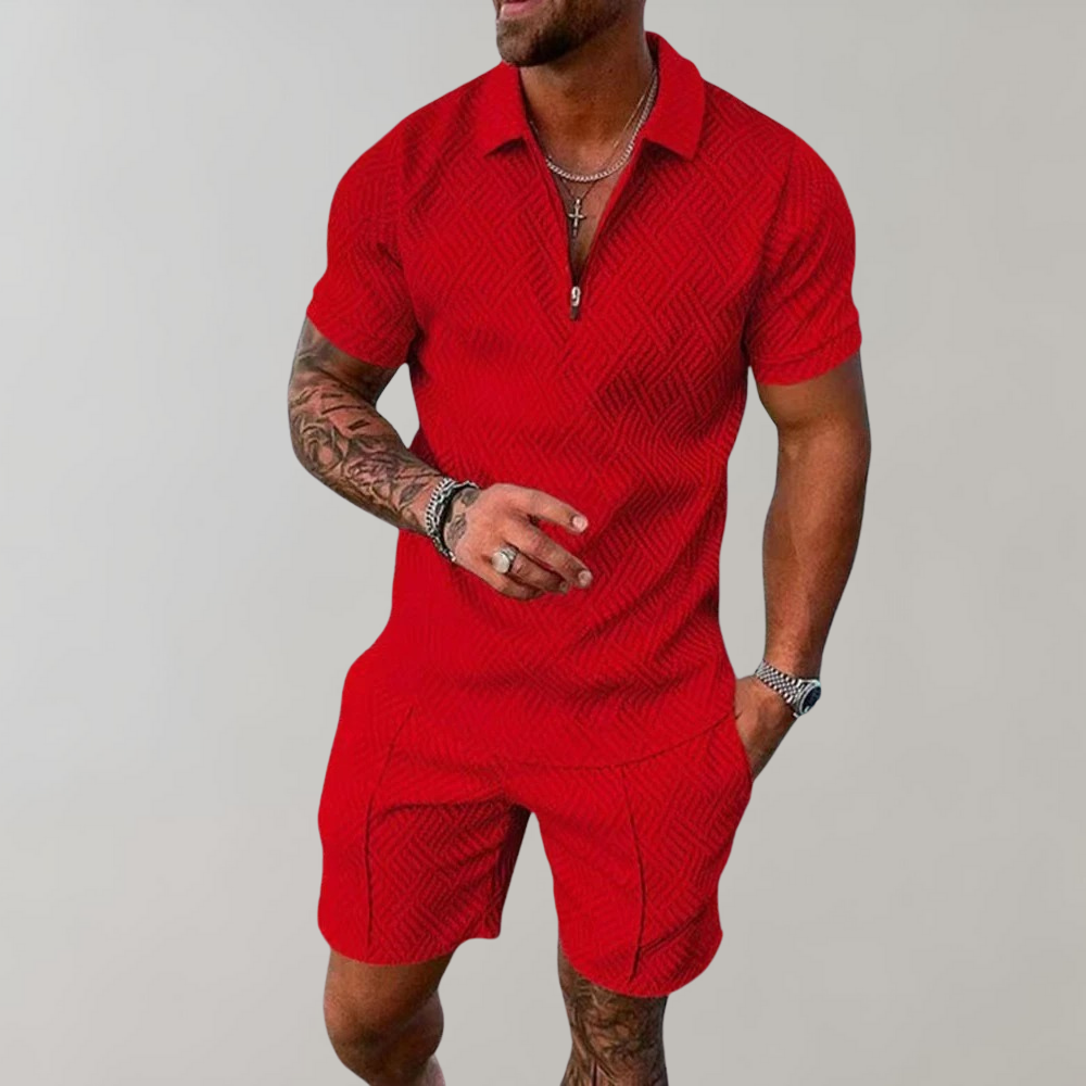 "Men's summer polo and shorts set, casual style, features a sleek zip polo with matching shorts, perfect for warm days."