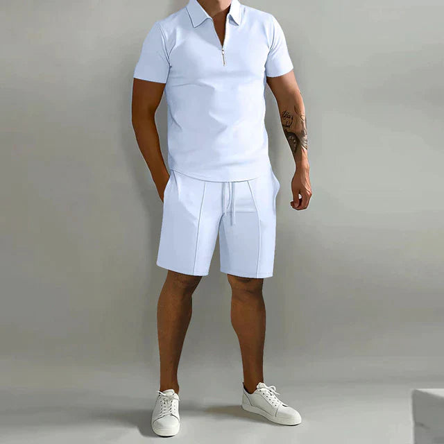 Men's summer polo shirt and shorts set in various colors, showcasing stylish design and breathable fabric for comfort.