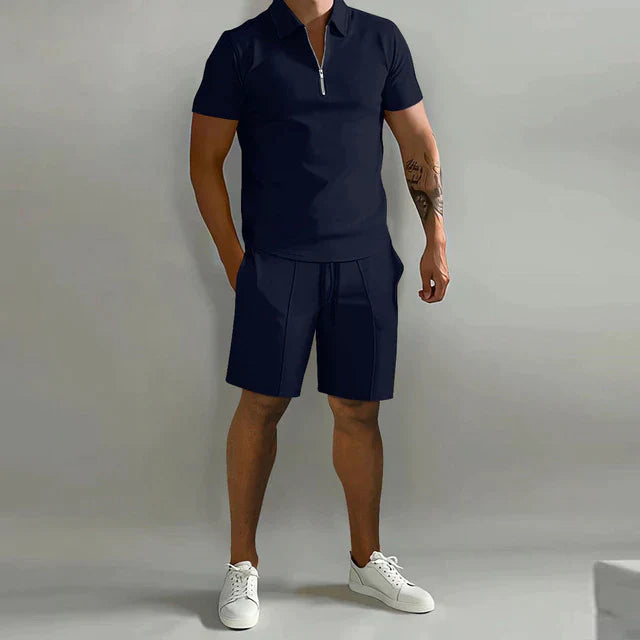 Men's summer polo shirt and shorts set in various colors, showcasing stylish design and breathable fabric for comfort.