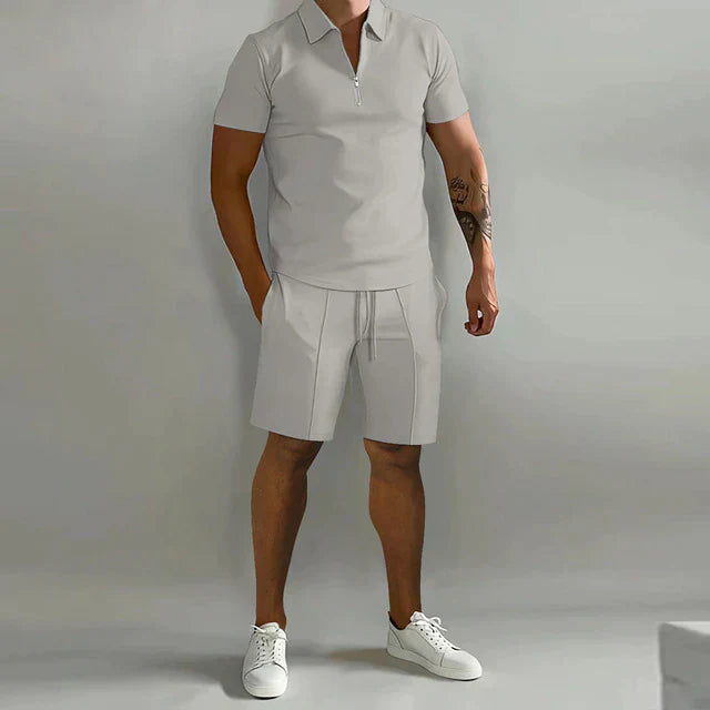 Men's summer polo shirt and shorts set in various colors, showcasing stylish design and breathable fabric for comfort.
