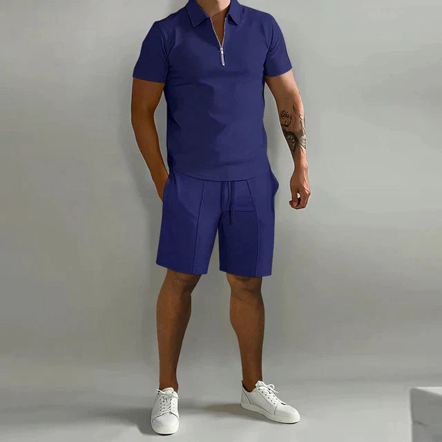 Men's summer polo shirt and shorts set in various colors, showcasing stylish design and breathable fabric for comfort.