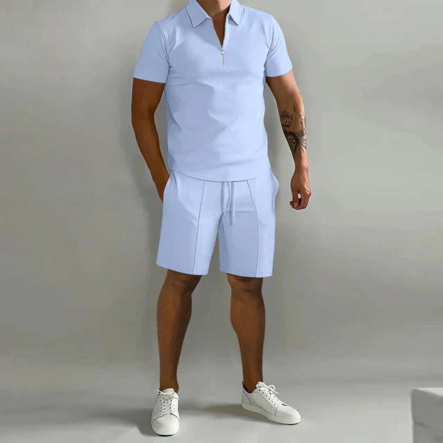 Men's summer polo shirt and shorts set in various colors, showcasing stylish design and breathable fabric for comfort.