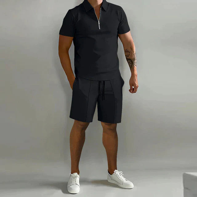 Men's summer polo shirt and shorts set in various colors, showcasing stylish design and breathable fabric for comfort.