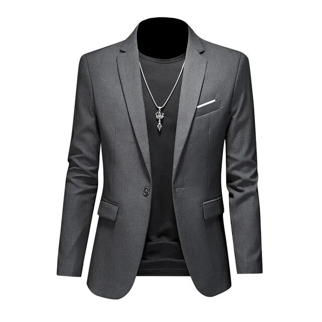 Men's tailored blazer, single-breasted with notched lapel, gray color, structured design, perfect for smart-casual settings.