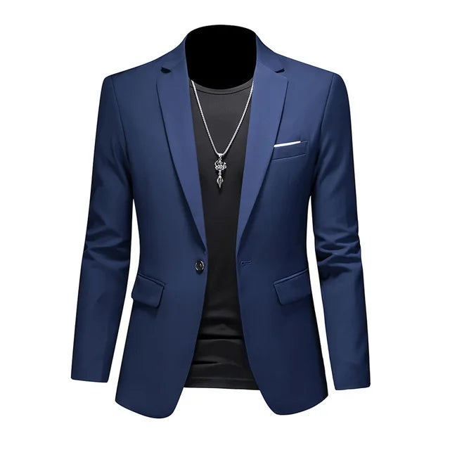 Men's tailored blazer, single-breasted with notched lapel, gray color, structured design, perfect for smart-casual settings.