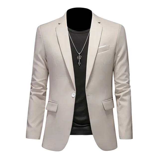 Men's tailored blazer, single-breasted with notched lapel, gray color, structured design, perfect for smart-casual settings.