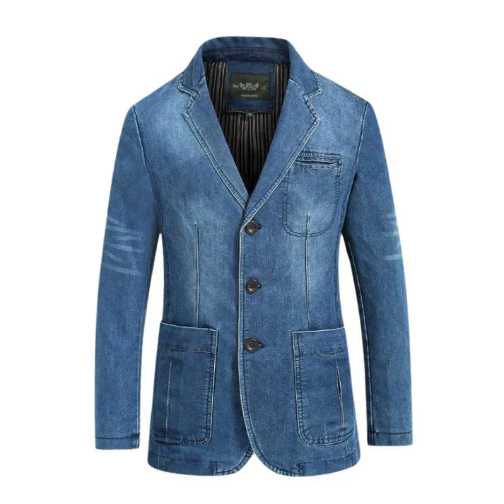 "Men's tailored denim blazer with refined structure, casual sophistication, versatile style, and comfortable fit."