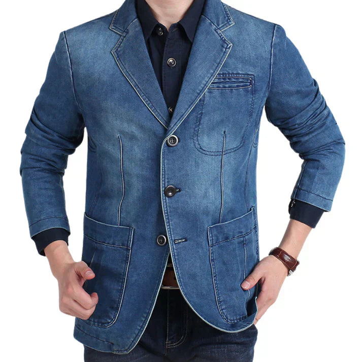 "Men's tailored denim blazer with refined structure, casual sophistication, versatile style, and comfortable fit."