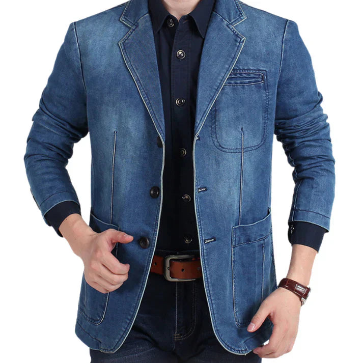 "Men's tailored denim blazer with refined structure, casual sophistication, versatile style, and comfortable fit."