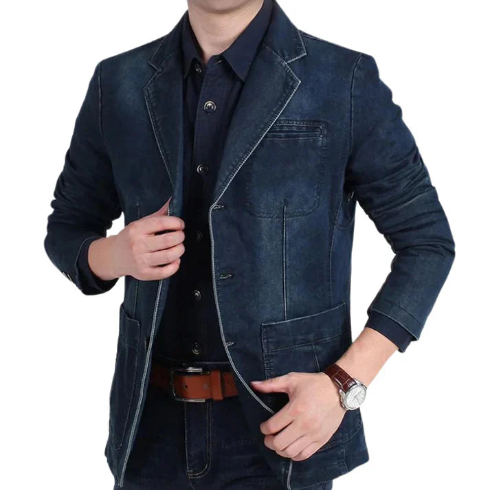 "Men's tailored denim blazer with refined structure, casual sophistication, versatile style, and comfortable fit."