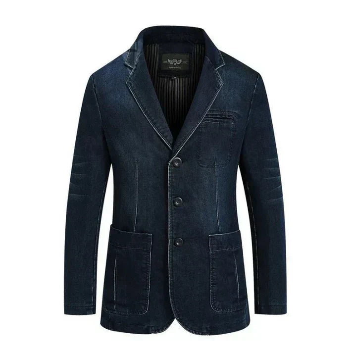 "Men's tailored denim blazer with refined structure, casual sophistication, versatile style, and comfortable fit."