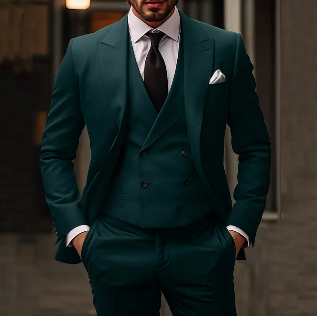 Men's tailored suit with single-breasted jacket, double-breasted vest, and slim trousers in formal stylish design.