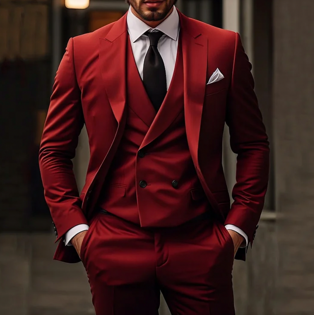 Men's tailored suit with single-breasted jacket, double-breasted vest, and slim trousers in formal stylish design.