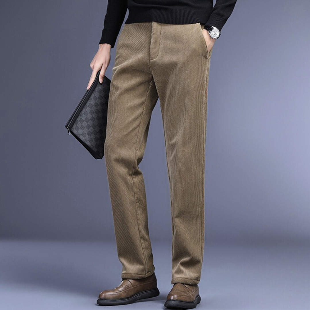 "Men's ultra-soft corduroy trousers with 4-way stretch, deep pockets, ideal for formal wear in black, brown, khaki, or navy."